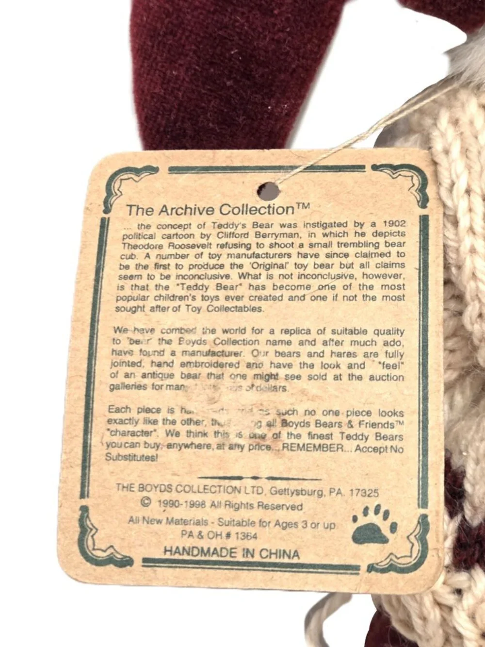 1998 Boyds Edmond T. Bear Archive Coll. Winter Sweater Plush Posable Santa Hat